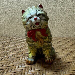 Vintage Porcelain Ceramic Cat Figurine With Red Bow Stands 5"